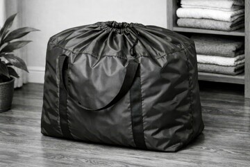 A black bag with a black strap sits on a wooden floor