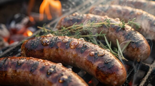Close Up of Grilled Sausages with Herbs over a Hot Grill with Flames