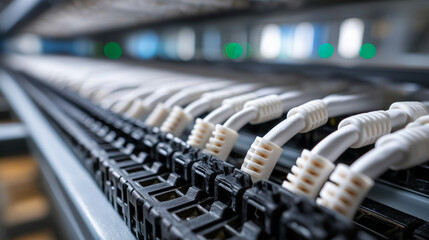 Detailed view of black fastening strips organizing white network cables in server room, cable management, IT infrastructure, data center organization, technology installation, stru