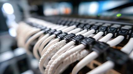 Detailed view of black fastening strips organizing white network cables in server room, cable management, IT infrastructure, data center organization, technology installation, stru