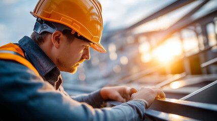 Construction worker in protective helmet securing structural steel framework on building site, beam installation, industrial safety, commercial construction, metalwork assembly, hi