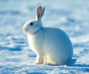 A white rabbit is sitting in the snow