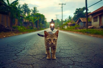 A cat is standing on a road in front of a house