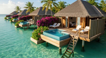 Row of luxurious thatched roof bungalows stands over clear turquoise ocean water