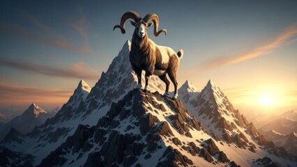A majestic mountain goat standing on a snow-covered peak with a sunset in the background.