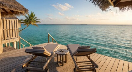 Fototapeta premium Luxury overwater bungalow deck overlooks tranquil turquoise ocean during late afternoon light