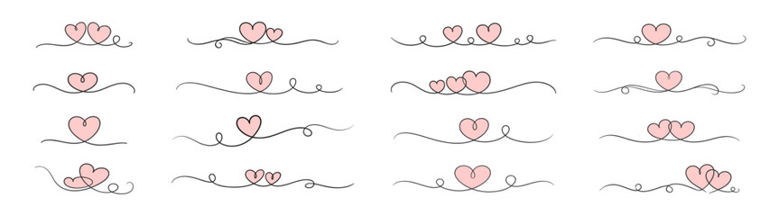 Romantic heart line dividers set, continuous love doodle borders for wedding and valentine design on transparent background
