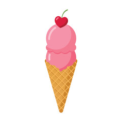 Double scoop pink ice cream cone with heart shaped cherry topping vector illustration icon isolated
