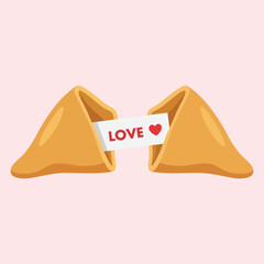Cracked open fortune cookie revealing paper with love text and heart symbol vector illustration isolated on pink background
