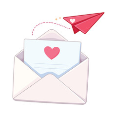 Cute open envelope with love letter and flying red paper airplane vector illustration icon isolated