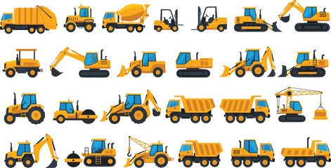 Construction vehicle icons set, heavy equipment illustrations including excavator, bulldozer, loader, crane, dump truck, forklift, backhoe, roller, mixer, tractor and skid steer loader © Sophia Creatives
