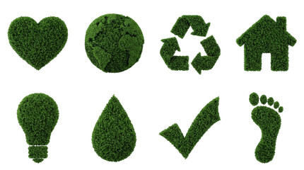 Green bush symbol set including heart, earth, recycle, house, lightbulb, water drop, checkmark, and footprint isolated. Environmental and eco friendly collection.