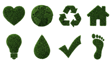 Green bush symbol set including heart, earth, recycle, house, lightbulb, water drop, checkmark, and footprint isolated. Environmental and eco friendly collection.