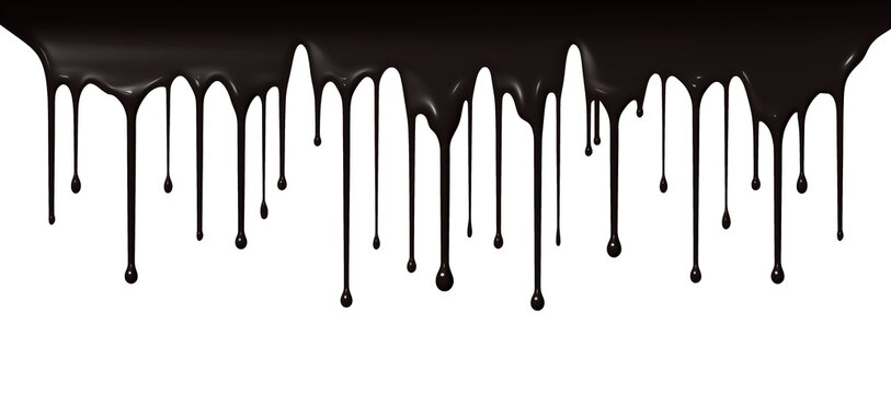 Black oil drip liquid with transparant background features paint drop flow splatter isolated white illustration chocolate ink dark glossy slime texture.