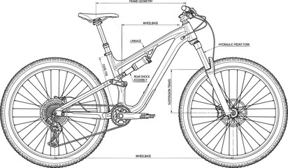 Mountain bike technical blueprint illustration showing frame geometry suspension system drivetrain components and wheelbase measurements isolated on white background ©  Alexander Creations