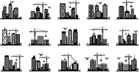 Urban skyline construction silhouettes, tower cranes and drones over city buildings, highrise development and construction sites, modern architecture, industrial progress, vector illustration