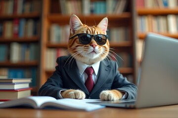 University Education: A Hip Cat in Sunglasses and a Suit Hits the Books in the Library for a School Project or Exam, All with a Smile and Internet Research