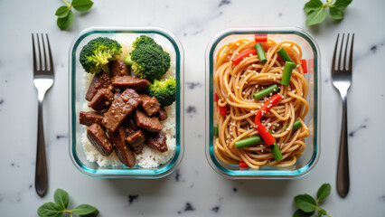 Healthy meal prep featuring stir fried beef with broccoli and noodles with vegetables, served in glass containers