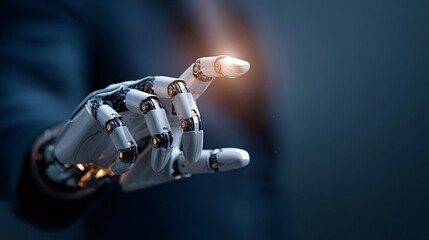 Robot hand with glowing fingertip reaching out, representing advanced artificial intelligence, technology innovation, and the future of automation in a digital world