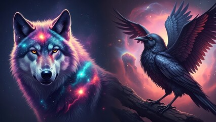 Obraz premium A wolf and a raven in a cosmic, nebulous background.