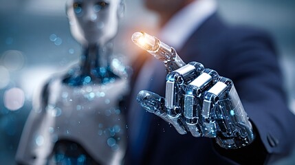 Human hand in a suit jacket touching a futuristic glowing robot finger, symbolizing the integration of artificial intelligence and advanced technology in business and future innovation