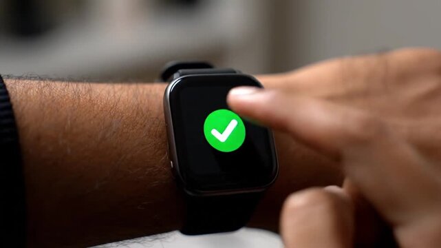 Smartwatch with security checkmark icon for multi factor authentication and privacy
