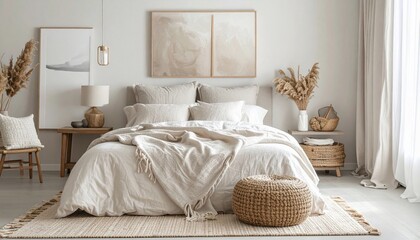 Bedroom in neutral tones featuring a cozy bed, decorative items, and warm lighting