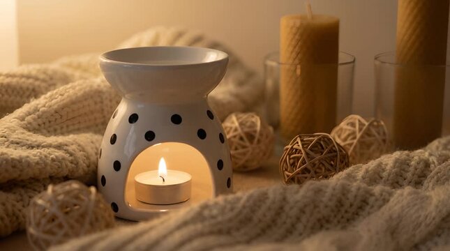 Cozy Ambiance with Candlelit Aroma Diffuser and Woven Accents In Warm Beige Background