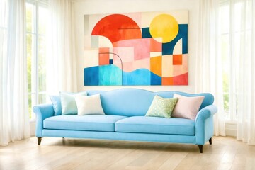 A large blue couch is in a room with a colorful abstract painting on the wall