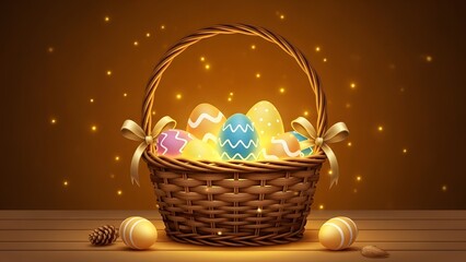 Easter eggs in a woven basket on a wooden table with glowing background