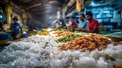 Fresh shrimp and various types of seafood are displayed on crushed ice, creating vibrant stalls at a busy marketplace with vendors and shoppers in the background