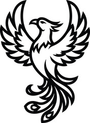Obraz premium Artistic black and white illustration of a stylized phoenix bird with outstretched wings and detailed feathers for mythical creature branding and rebirth or freedom and power logo designs