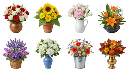 Floral arrangement set including rose, sunflower, peony, lily, and wildflower bouquets in various vases and pots isolated. Decorative flower collection for home decor and gifts.