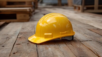 A bright yellow hard hat rests on weathered wooden planks at an industrial construction site