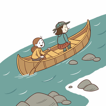 Cartoon girls rowing canoe on serene river with rocks