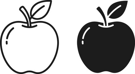 Two black and white apples with fresh leaves in a simple line art style for fruit market branding and healthy organic food or kitchen garden and grocery shop autumn harvest graphics