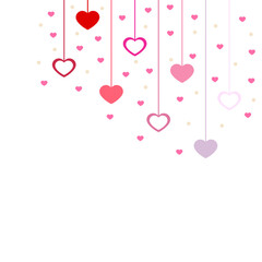 A vector illustration featuring assorted red and pink hanging hearts with strings on a white background. Ideal for Valentine's Day, love, weddings, or romantic greeting cards.