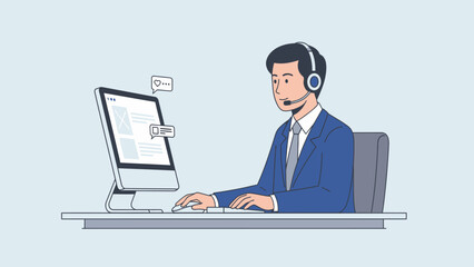 Man Wearing Headset Working on Computer.