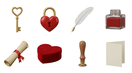 Romantic stationery and gift set including heart lock, key, quill, inkwell, scroll, wax stamp, and card isolated. Valentines day and wedding celebration elements.