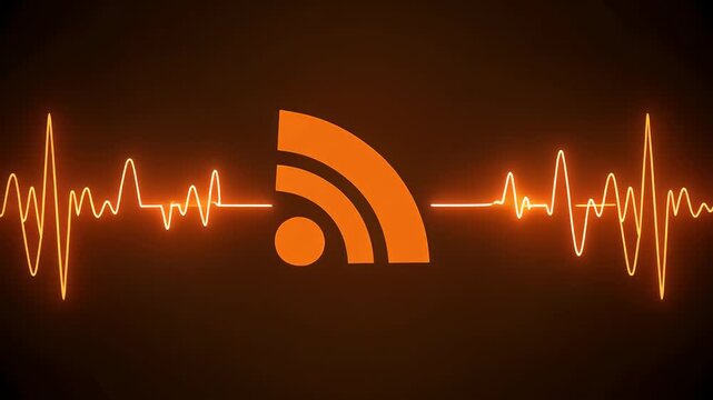 Vibrant RSS Feed Icon Amidst Pulsating Sound Waves, Symbolizing Digital Audio Broadcasting, Podcasting, and Online Content Delivery
