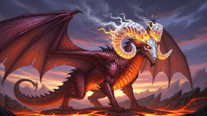 A fiery red dragon with wings and horns, standing on a rocky terrain with a mountainous background under a cloudy sky.