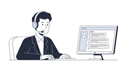 Man Wearing Headset Working on Computer.