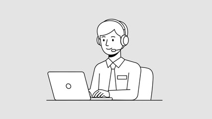 Man Wearing Headset Working on Laptop.