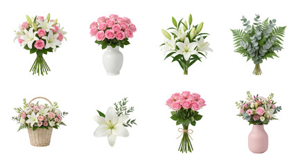 Naklejka premium Flower bouquet set including pink roses and white lilies in vases and baskets isolated. Floral arrangement and gift collection.