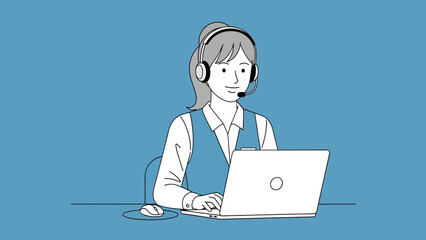 Woman Wearing Headset Working on Laptop.