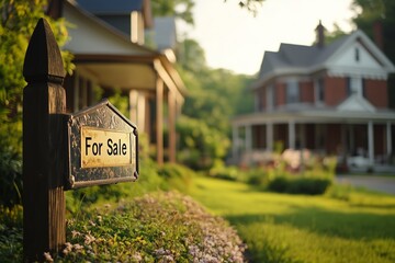 A weathered for sale sign stands prominently on a well-maintained lawn in front of a historic house. Fall leaves are scattered, hinting at the season's change