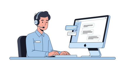 Man Working on Computer with Headset.