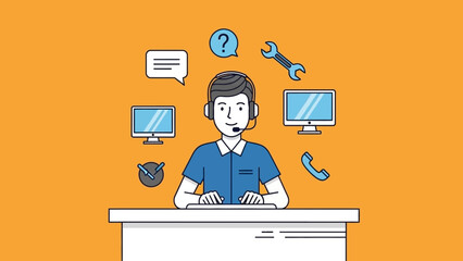 Man Working on Computer with Icons.