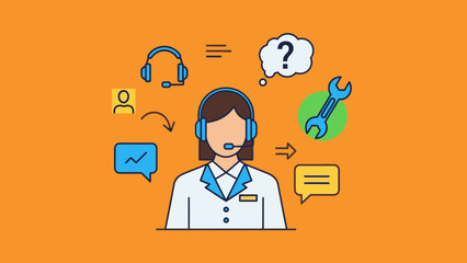 Customer Service Representative with Headset and Icons.