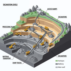 Detailed Isometric Illustration of an Open-Pit Mine with Excavation Levels and Heavy Machinery. © dimas